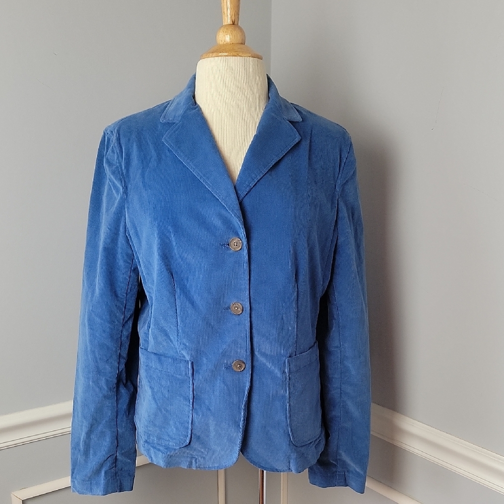 LANDS' END Blue Stretch Corduroy Preppy Patch Pocket Nautical Blazer Jacket 12
